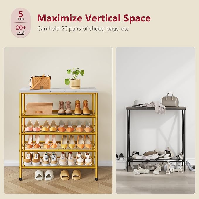 5 Tier Shoe Rack Organizer for 16-20 Pairs of Shoes, White & Gold | Sturdy & Durable, X Shape Fixed Frame, Metal Mesh Shoe Shelf, Industrial, For Closet, For Entryway Shoe Storage