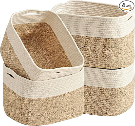 ICERZCZ Woven Cotton Rope Storage Baskets for Organizing & Shelves, Organization Bins for Dog Toys, Clothes, Books, Nursery Organizer, 15"x11"x9", Off White & Mixed Brown (4 Packs)