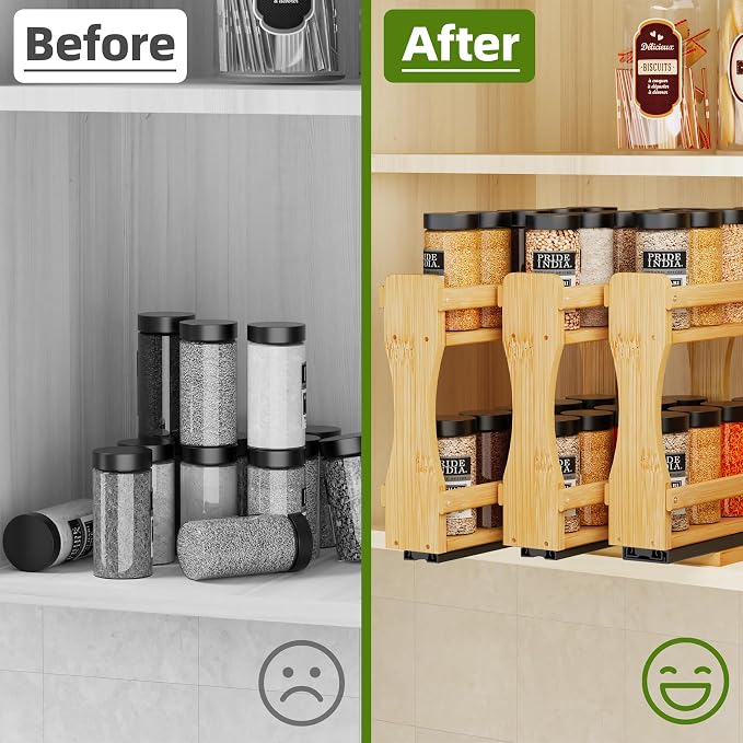 BAMEOS Pull Out Spice Rack Organizer for Cabinet, Bamboo Wide 7.7" Slide Out Seasoning Organizer for Kitchen, No Drill Anti-Tip Ball Bearing Silent Glides, Pantry Cabinet Organizer, Natural