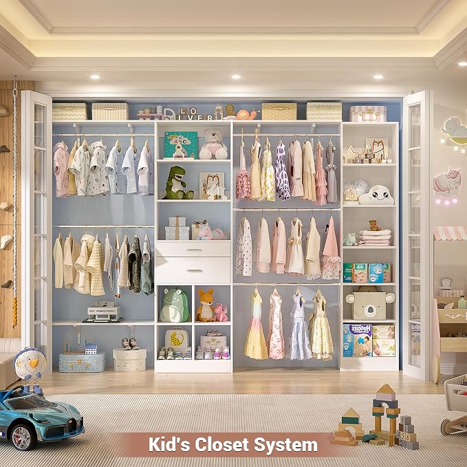 Besiost Closet System - 9.4FT/112" Closet Organizer System with Wooden Drawers,Closet Systems for Walk-In Closets with Hang Rods and Open Cabinet