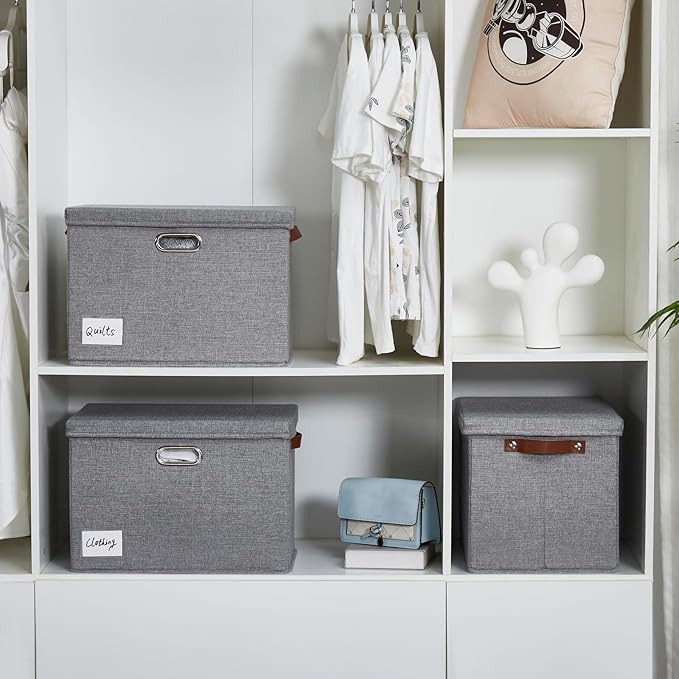 15" Large Collapsible Storage Bins with Lids, Stackable Closet Organizers with PU Handle and Labels, 3-Pack Decorative Fabric Storage Boxes for Home, Bedroom, Closet, Office, Nursery(Gray)