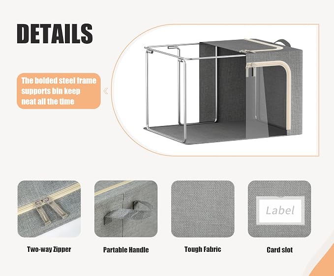 3 Opeings Large Clothes Storage Bins with Metal Frame, Foldable Storage Bin for Clothes, Clothing Storage Bins with Lid, Linen Storage Box With Clear Window＆ Zippers＆ Handles.(3 Pcs,Light Grey,66L)