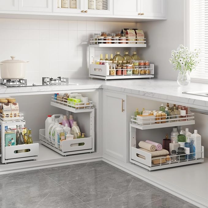 Under Sink Organizer Upgrade To Professional Rails,2-Tier Dual Pull Out Cabinet Storage,Height Adjustable Slide Out Drawers For Bathroom Kitchen,2 Pack-16.7"Dx12.8"-16.9"H,White
