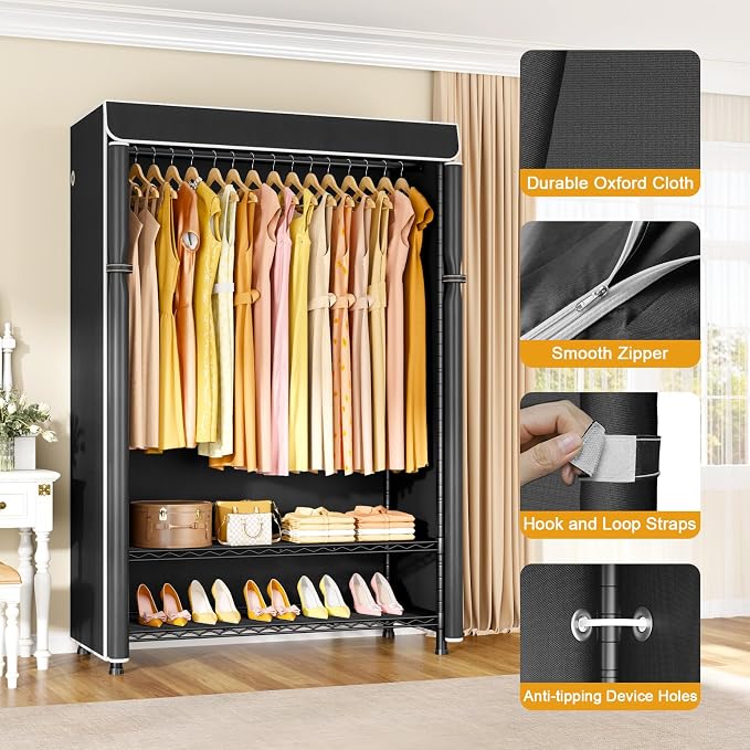 H5C Plus Clothes Rack with Cover, Covered Clothing Rack Heavy Duty | Garment Rack with Shelves, 3-Tier Portable Closets for Hanging Clothes, Max Load 370LBS, Black Closet Racks with Black Cover