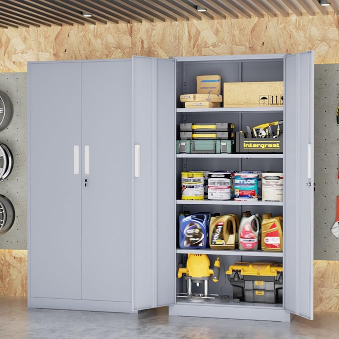 INTERGREAT Metal Storage Cabinet, 72" Locking Steel Cabinets with 2 Door and 4 Adjustable Shelves, Tall Metal Cabinet for Home Office, Garage, Warehouse,(Cement)