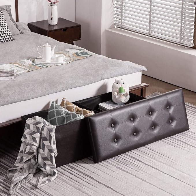 YOUDENOVA 43" Ottoman with Storage, Folding Faux Leather Bench, Brown | Foldable ottoman with hidden storage, padded faux leather seat and sturdy MDF frame for everyday use.