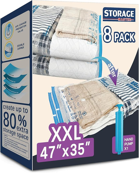 XXL Jumbo Vacuum Storage Bags, for Blanket, Bedding, Comforters | 47''X35'' Extra Large, Save 80% Space, Extra Thick, Clear, 8 pack