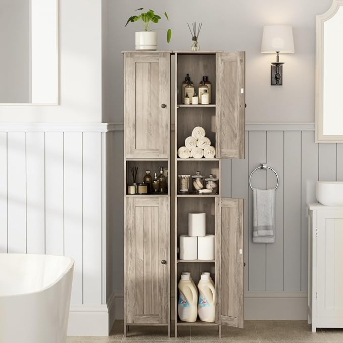 Homleke Tall Bathroom Storage Cabinet with 2 Doors, Slim Bathroom Cabinet | Narrow Storage Cabinet with Adjustable Shelves, Anti-Tip Design, Reversible Door, Easy Assembly, Greige, 11.8''W