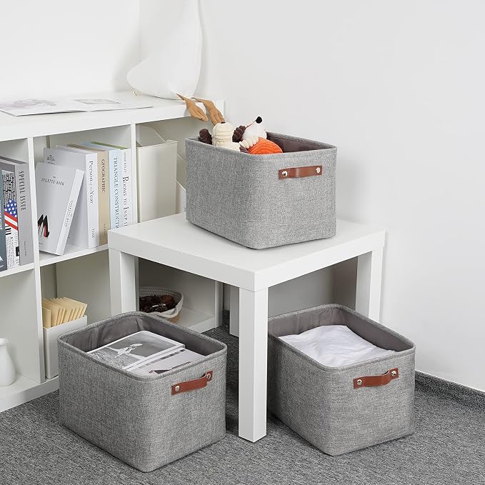 DULLEMELO Medium Storage Baskets for Organizing, Rectangular Fabric Storage Bins Collapsible, Perfect for Shelves, Closets, Nursery, Home, Office, Empty Gift Baskets (3-Pack,Grey)