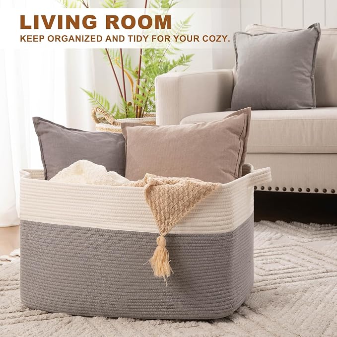 Extra Large Laundry Basket, 95L Blanket Basket for Living Room, Cotton Rope Toy Storage for Kids, Woven Baskets for Clothes, Towels, Pillows, 24" x 17" x 14", Grey and White