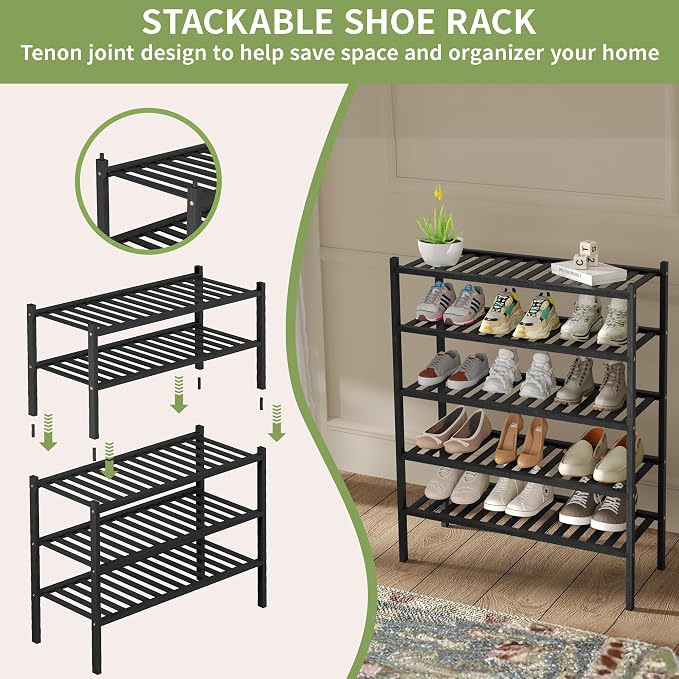 ROMGUAR CRAFT 2 Tier Bamboo Shoe Rack for Closet Free Standing Wood Shoe Shelf for Entryway Small Space Stackable 27"x11"x13" (Black)