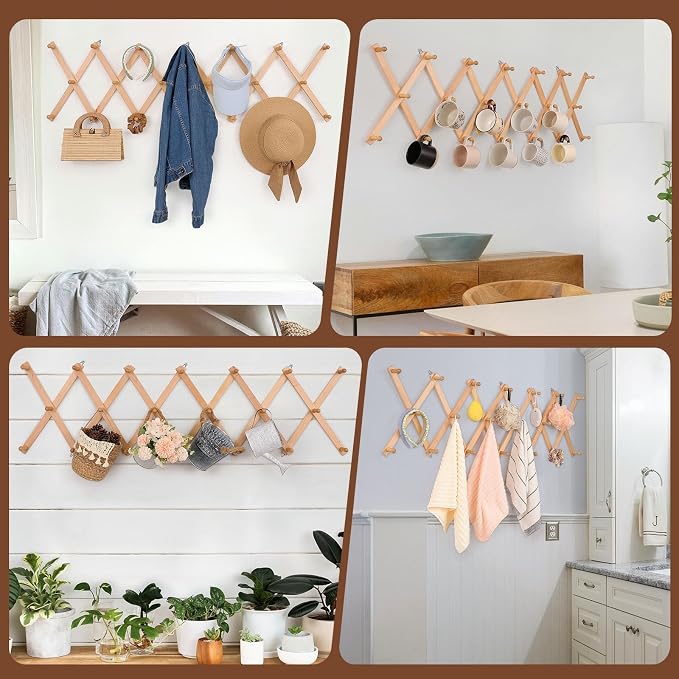 SCUNDA Wall Rack with 20 Hooks, Wooden Wall Expandable Coat Rack for Coat, Hats, Baseball Caps, Coffee Mug, Jewelry(Natural)