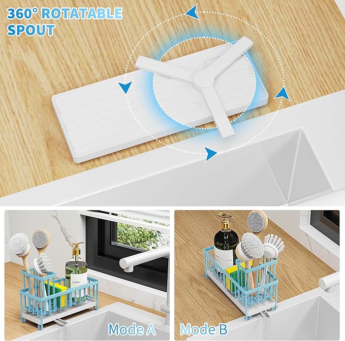Cisily Sponge Holder for Kitchen Sink, Sink Caddy Organizer with High Brush Holder, Kitchen Countertop Organizers and Storage Essentials, Rustproof 304 Stainless Steel (Blue, 9.25″)