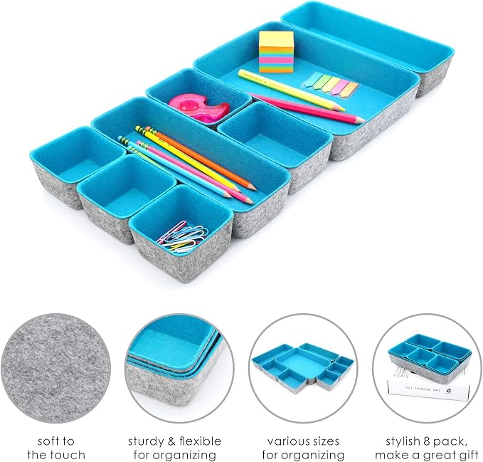Welaxy Minimalist Felt Desk Drawer Organizer 8pc Turquoise Storage Bins | Sustainable material soft yet sturdy,multi-purpose storage, sleek minimalist lifestyle