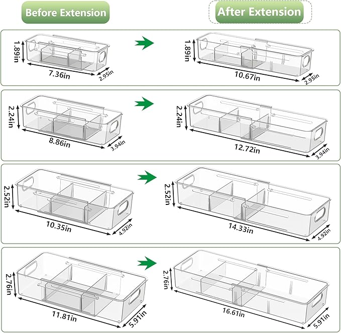 BLULEE 4-in-1 Expandable Drawer Organizer Set, Adjustable Clear Bins | with Dividers for Kitchen, Bathroom, Vanity & Office, Scalable Trays for Cosmetics, Utensils & Desk Accessories (4 Pcs)