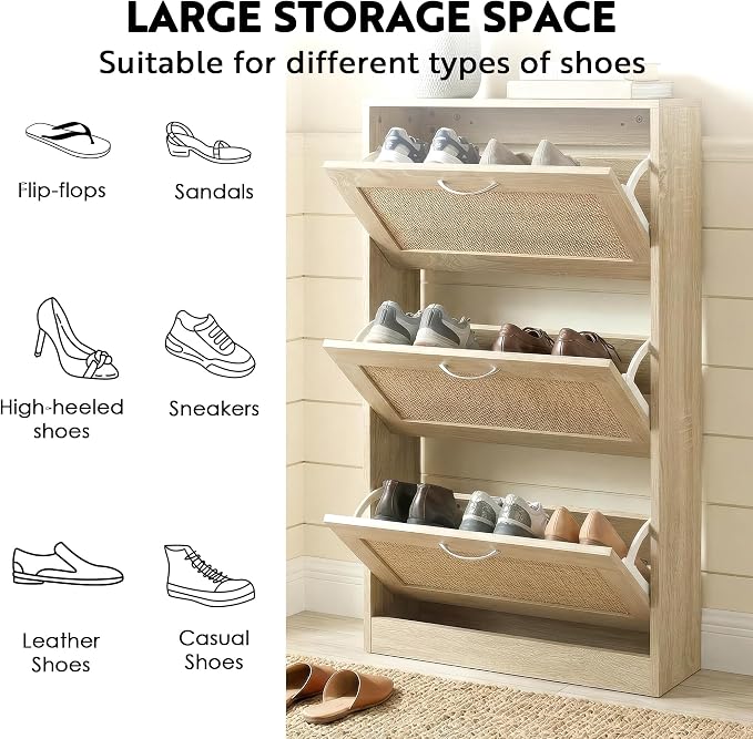 HOPUBUY Shoe Cabinet for Entryway, Narrow Shoe Storage with 3 Flip Drawers | Wood Slim Shoe Rack, 3 Tier Thin Shoe Organizer for Home and Apartment,Nature Rattan