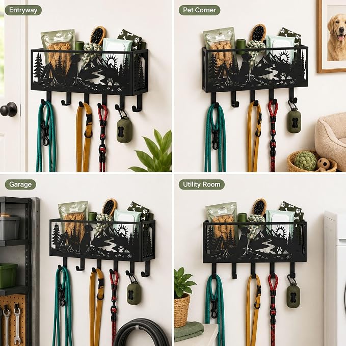 Custom Dog Leash Holder for Wall Pet Supply Organizer with Storage Basket | Custom metal dog leash holder, pet supply organizer with storage basket, wall mount hooks for entryway and dog accessories