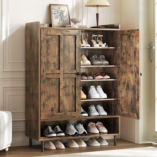 ComfyCorner Brown 7+1 Tier Farmhouse Shoe Storage Cabinet - 45" Tall Entryway Organizer with Cross Molding Doors, 3 Adjustable Shelves & Metal Legs, Shoe Rack for Front Door Entrance
