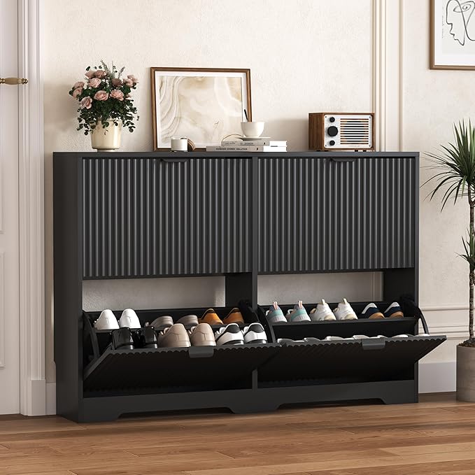 HUANLEGO Shoe Cabinet Storage for Entryway with 4 Flip Drawers, Black Fluted Shoe Cabinet with Adjustable Shelves, Wooden Hidden Shoe Rack Freestanding Narrow Slim Shoes Storage for Hallway, Entrance