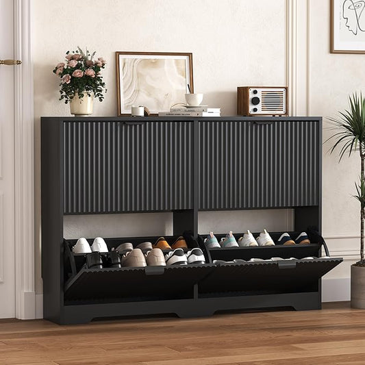 HUANLEGO Shoe Cabinet Storage for Entryway with 4 Flip Drawers, Black Fluted Shoe Cabinet with Adjustable Shelves, Wooden Hidden Shoe Rack Freestanding Narrow Slim Shoes Storage for Hallway, Entrance