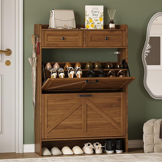 BORNOON Shoe Storage Cabinet for Entryway, Farmhouse Narrow Shoe Cabinet with 2 Flip Drawers & Top Drawers, Adjustable Shelves & Hooks, Freestanding Hidden Rack Organizer for Hallway, Foyer