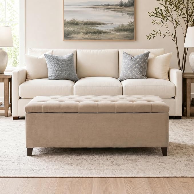 Madison Park 49" Upholstered Storage Bench, Button Tufted End of Bed Bench with Storage, Dual Spring Soft-Close Lid, Bedroom Bench for Queen King Bed, Entryway Living Room, Sand