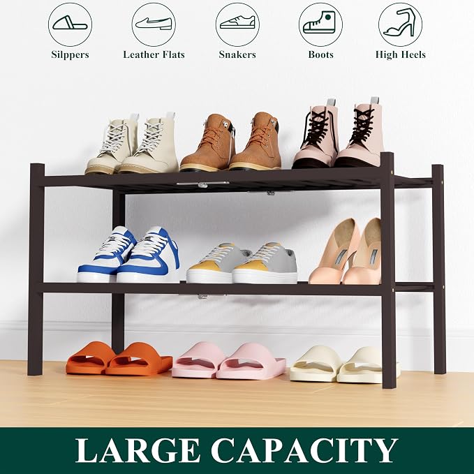 Smiry Bamboo Shoe Rack, 14 Vertical Slats, 2 Tier - 26.8" Wide, Brown | Stackable Free Standing Wooden Shoe Organizer, Wood Shoe Storage Shelf for Closet, Entryway, Thicher Leg