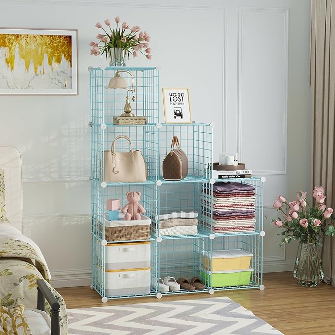 C&AHOME Wire Cube Storage, 9 - Cube Organizer Metal C Grids, Shelves, Blue | Modular Shelves Units, Closet Organizer, Storage Bins Shelving, Ideal for Home, Office, Living Room