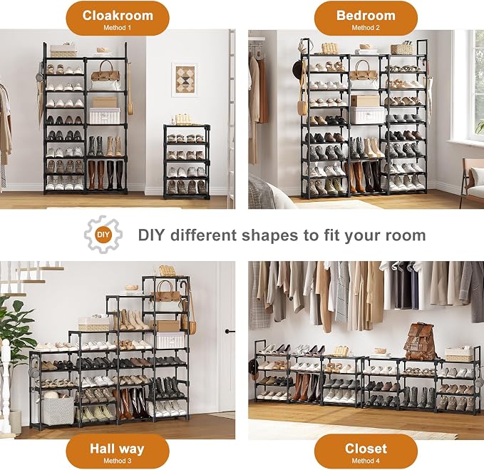 WOWLIVE 9 Tier 3-Column Shoe Rack, 50-55 Pairs Stackable Black | 50in long for larger entryways. Removable shelves fit tall boots. Split into multiple units for garage/closet.