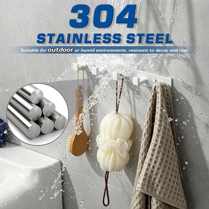 Alise White Coat Hooks Wall Mount,Hat and Coat Rack with 5 Hooks | Key Hooks for Robes,Bags,Keys,and Towels,SUS304 Stainless Steel Wall Hooks for Hanging,Self Adhesive or Drilling