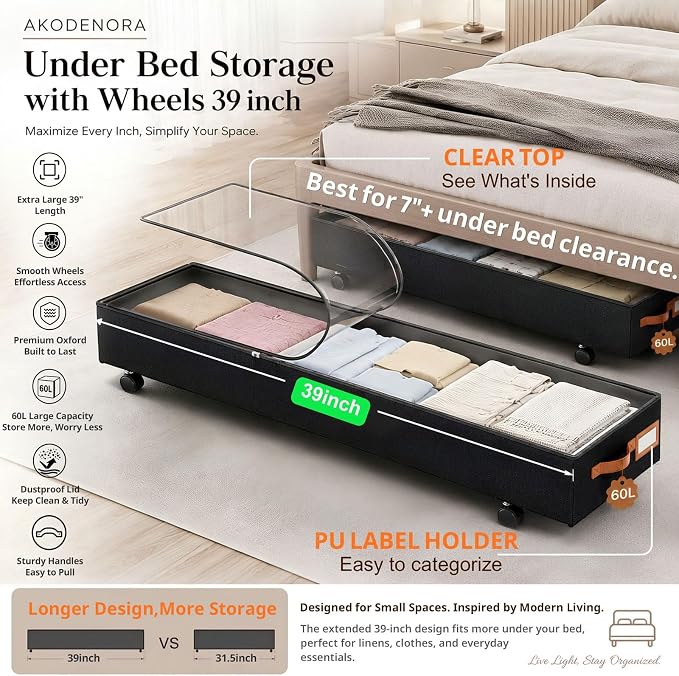 Under Bed Storage with Wheels 39inch, Extra Long Under Bed Storage Bins, Low Profile Under Bed Storage 5.5inch Height No Assemble Storage Containers, Under Bed Shoe Storage with Lids