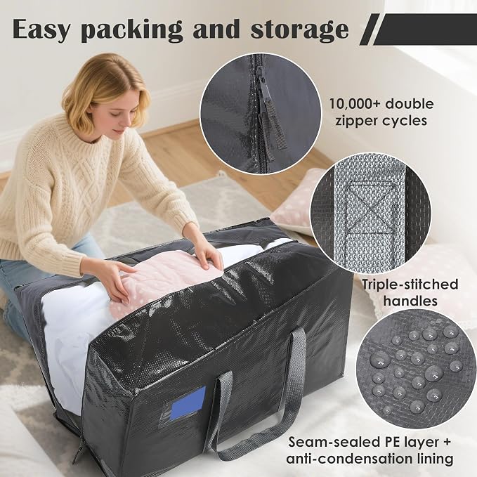 12 Pack Moving Bags with Full-Open Side Zipper, Extra Large 93L Heavy Duty Waterproof Foldable Storage Totes for College Dorm, Moving & Home Organization Gray