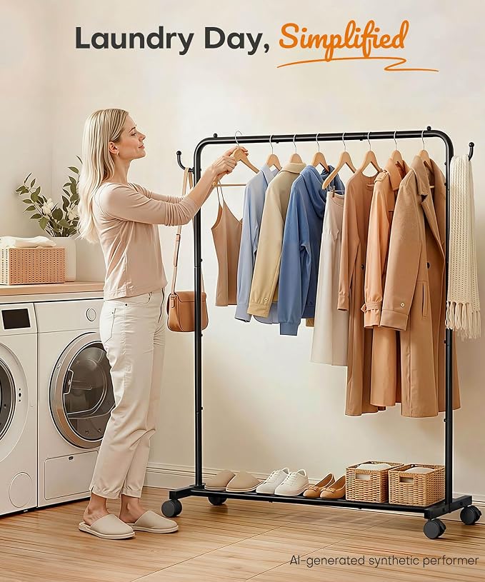 Homde Portable Clothes Rack for Bedroom: 4 Lockable Wheel Move Room-to-Room | Laundry to Closet in 1 Smooth Roll - No Heavy Lifting for Renters & Movers - 88 lbs Hanging Rod for Garment Coat to T-Shirt