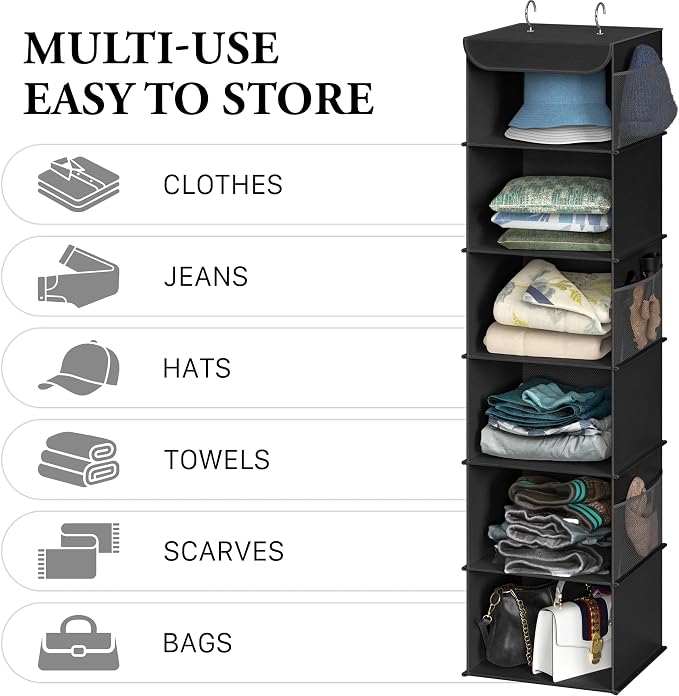 Simple Houseware 6 Shelf Hanging Closet Organizer, Black | 360° Rotating Dual Hooks, Top Support Metal Frame, 6 Side Mesh Pockets