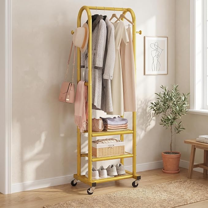 Dttwacoyh Clothing Rack with Wheels,Narrow Metal Garment Rack,Gold | Easy to install, 71.8 Inches Display Rack with 4 Side Hooks & 3 Shelves,for Small Flats, Bedroom, Entryway,Gold Clothes Rack