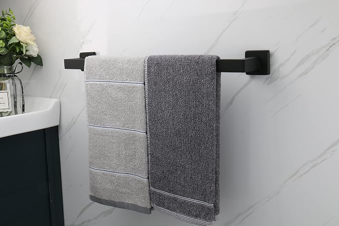 TocTen Bath Towel Rack - Square Base Thicken SUS304 Stainless Steel Towel Bar for Bathroom, Bathroom Accessories Towel Rod Heavy Duty Wall Mounted Towel Holder. (Black, 20)