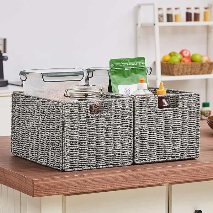 Vagusicc Wicker Storage Basket, Set of 2 Hand-Woven Paper Rope Wicker Basket, Small Storage Baskets for Organizing Toilet Paper Basket, Foldable Large Cube Storage Organizer Bins for Shelves (Grey)