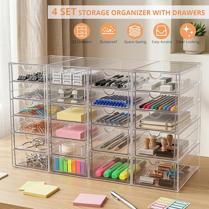 DOMNIU Acrylic Makeup Drawer Storage Organizer with 22 Drawers, 4 Set | Office Desk Organization and Storage, Dustproof Drawer Organizer for Makeup, Countertop, Jewelry, Desktop, Bathroom, Bedroom