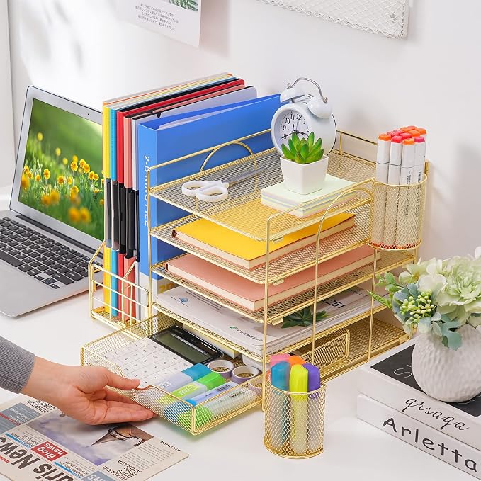 Marbrasse Desk Organizer with File Holder, 5-Tier Paper Letter Tray Organizer with Drawer and 2 Pen Holder, Mesh Desktop Organizer and Storage with Magazine Holder for Office Supplies (Gold 2p)