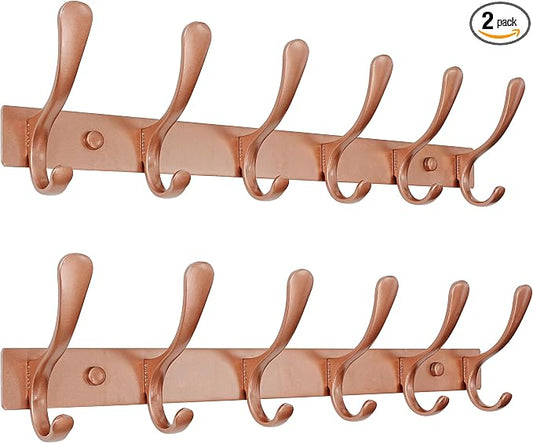 SKOLOO Coat Rack Wall Mounted - 6 Hooks, Pack of 2, Heavy Duty, Stainless Steel, Metal Wall Hanger, Sturdy Coat Hooks for Hanging Coats, Jacket, Clothes, Hat, Matte Rose Gold