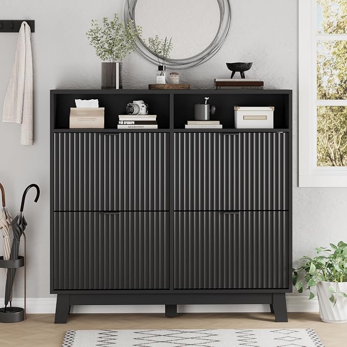 Xixini Shoe Cabinet with 4 Flip Drawers, 46" Tall Narrow Fluted Shoe Storage Organizer for Entryway, Hidden Slim Wooden Shoe Rack Cabinet for Front Door Entrance, Hallway, Living Room, Solid Black