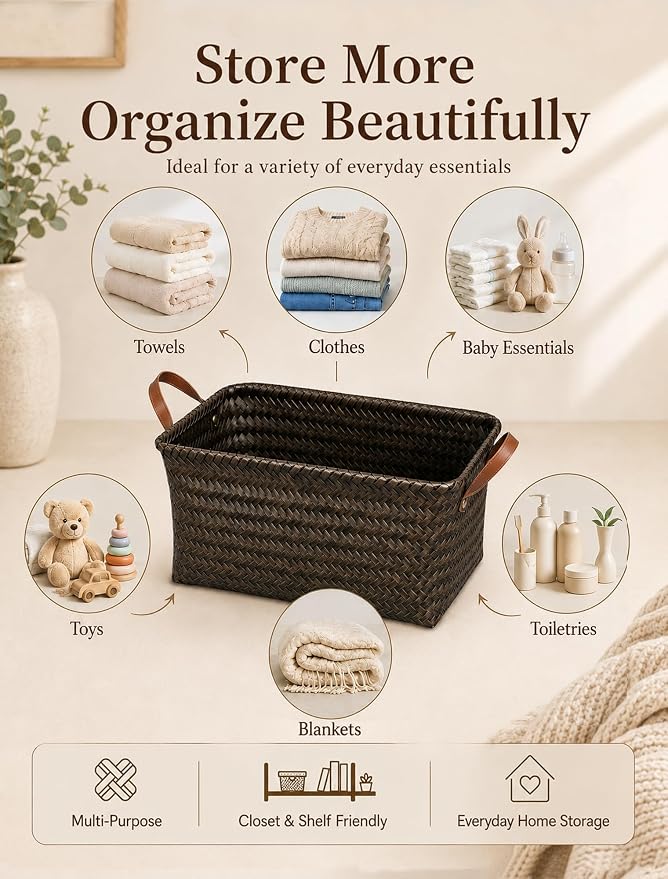 Wicker Storage Baskets, 4 Pack Woven Baskets for Shelves, Dark Gold | PP Rattan, Water-resistant Wicker Basket, Large Baskets with Faux Leather Handles for Blanket, Laundry Organizer, Room Decor