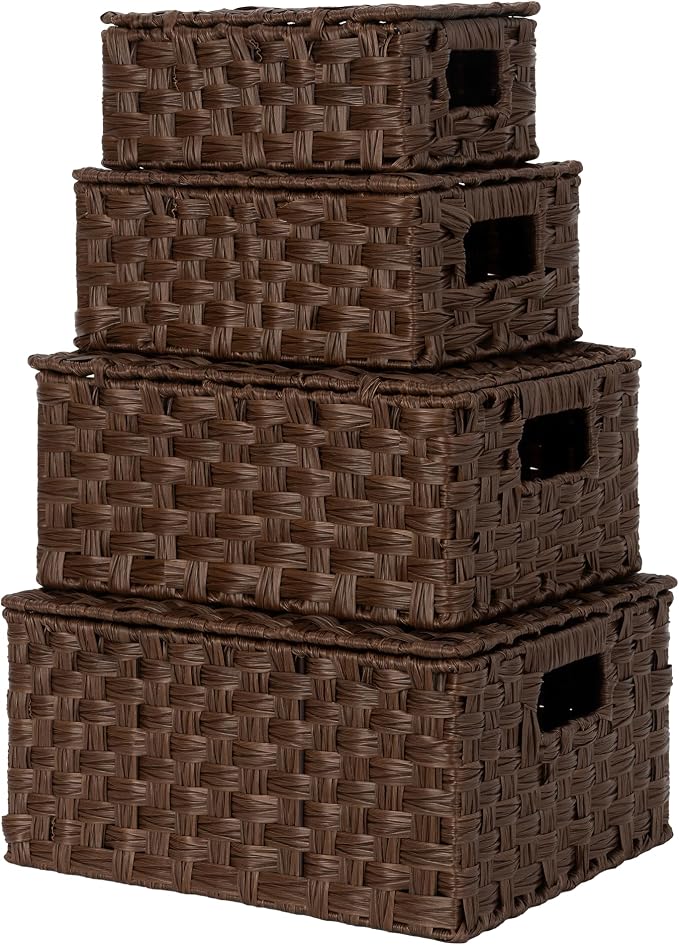 Granny Says Wicker Basket With Lid, Decorative Storage Baskets For Shelves | Woven Baskets With Lids, Wicker Baskets For Storage, Decorative Storage Boxes, Woven Stackable Basket with Lid for Organizing