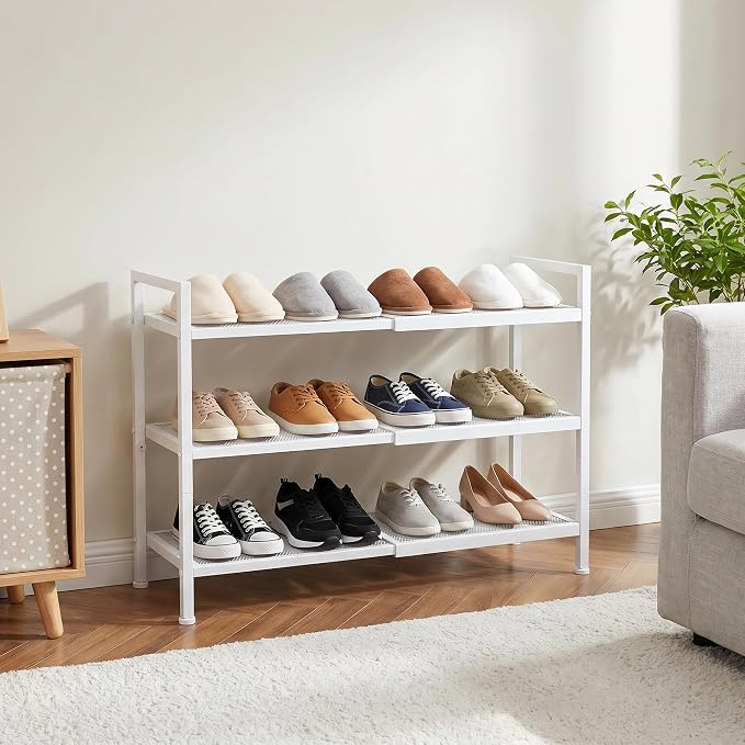 Shoe Rack, Expandable Shoe Rack for Closet, Adjustable Shoe Organizer for Entryway, Shoe Storage Organizer for Door Entrance, Garage, Bedroom (White, 3-Tier)
