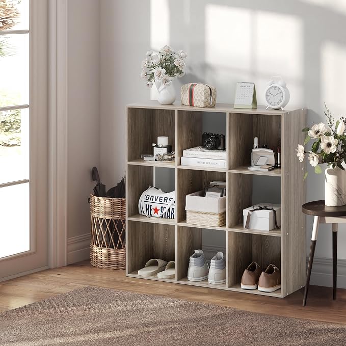 ZenStyle 9 Cube Storage Shelf Organizer, Wooden Bookshelf System Display Cube Shelves Compartments, Customizable W/ 5 Removable Back Panels (Natural)