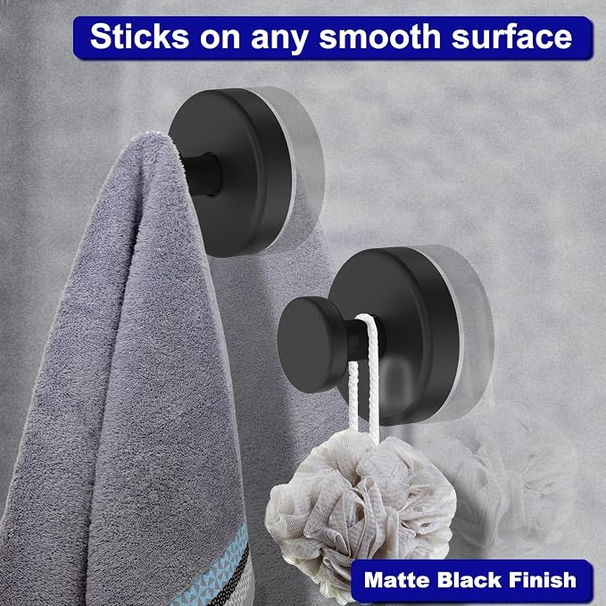 Suction Cup Hooks for Shower, Removable Towel Hooks for Bathroom Window Glass Door Wall, Bath Robe Looafh Hook for Hanging - 4 Pack, Black