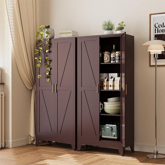 COFaR 61" Metal Storage Cabinet with Doors and Adjustable Shelves, Tall Pantry Cabinet Freestanding Kitchen Pantry Storage Cabinet, Steel Cupboard for Bathroom, Living Room & Office, Reddish Brown