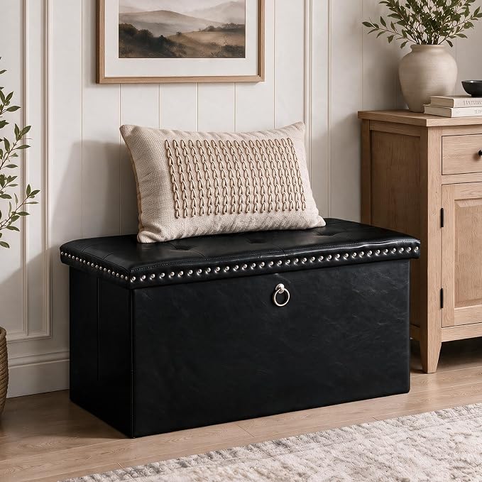 oakvivo Folding Storage Ottoman Bench 30in, Leather Foot Rest Stools Ottoman with Storage, Coffee Table, End of Bed Bench Footstool for Living Room, Bedroom, Load 330 lb, 30x15x15 inches, Black