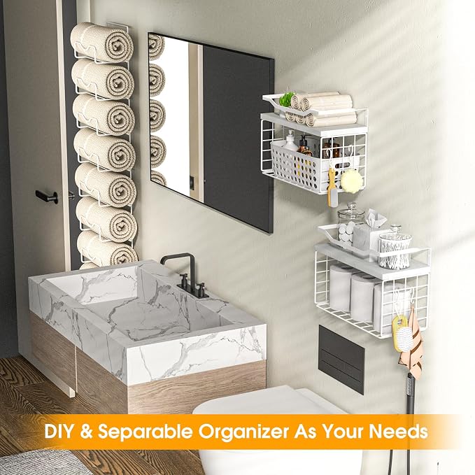 Towel Racks for Bathroom,Towel Rack Wall Mounted, 6 Tier Rolled Or Folded Towel Holder with Floating Shelves, Bathroom Towel Holder for Bath, Hand Towels,Metal,Full White