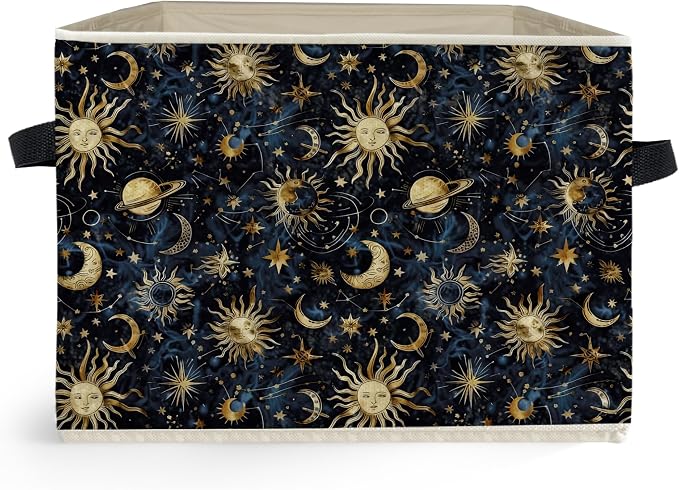 Boho Witchy Sun and Moon Storage Box Bins, Mystical Celestial Space Galaxy Collapsible Storage Basket Organizer for Bedroom Laundry Room Kids Room Clothes Books, Decor for Room